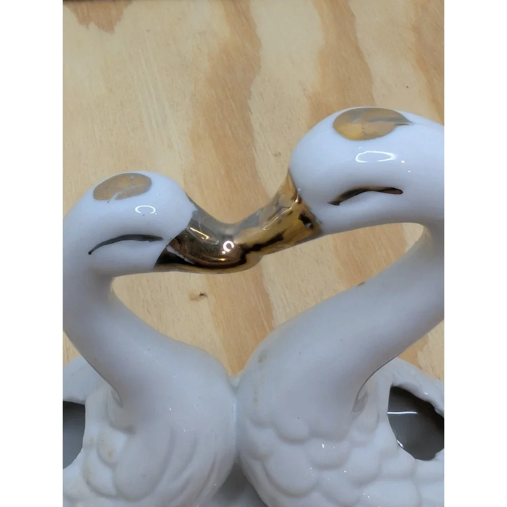 Vintage Porcelain Swan Figurines‎ Gold Trim Pink Rose Bow Pair White Birds Decor
